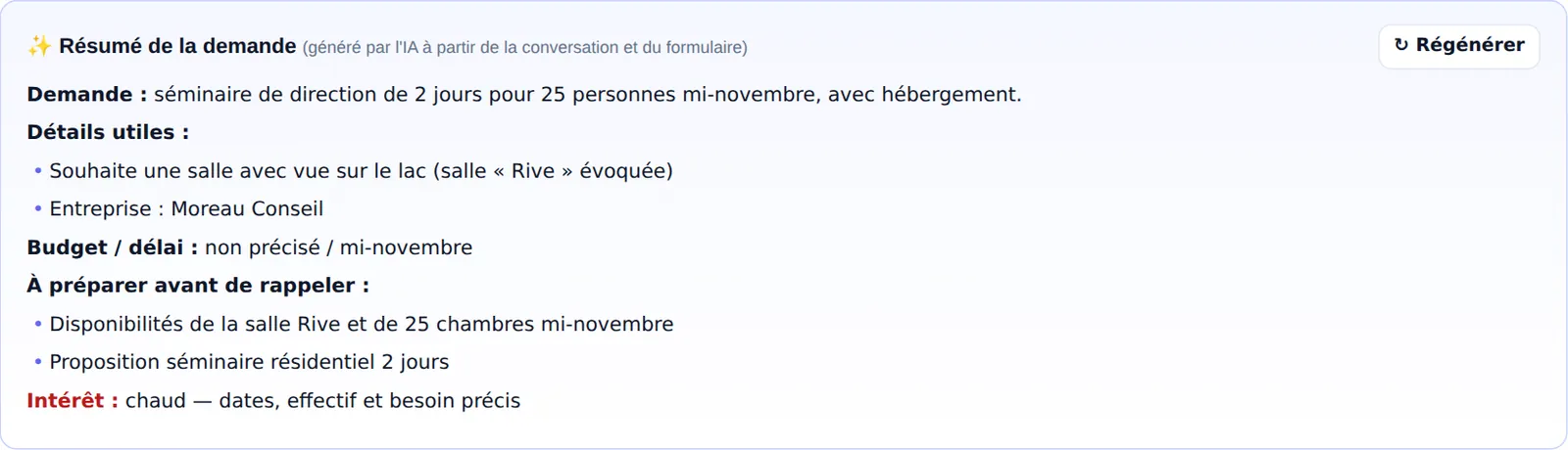 Résumé d'une demande de contact rédigé par l'IA