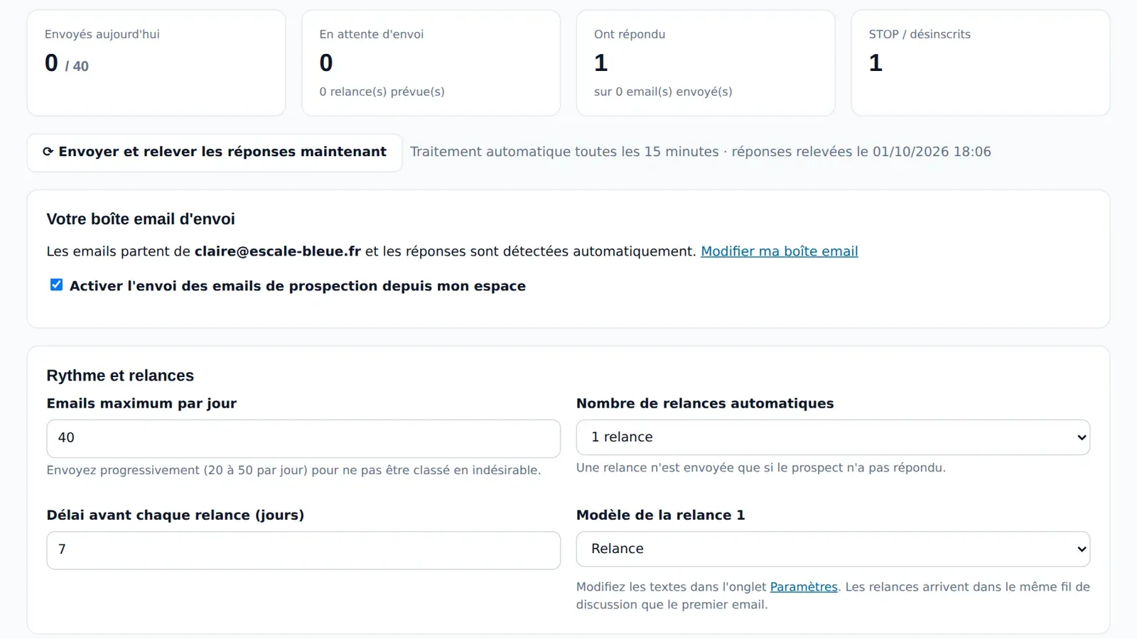 Rythme d'envoi, relances automatiques et suivi des réponses