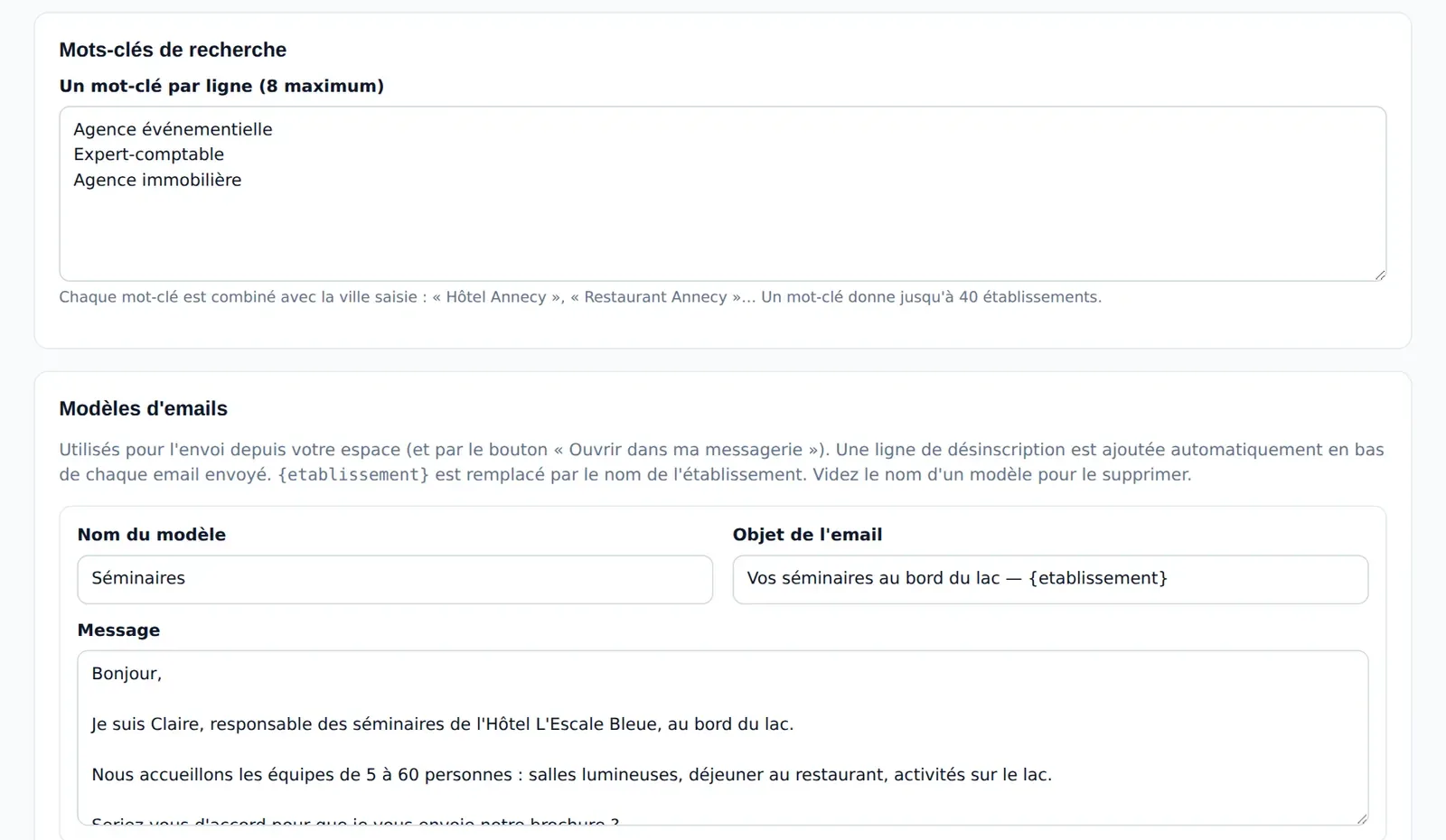 Mots-clés de recherche et modèles d'emails de prospection