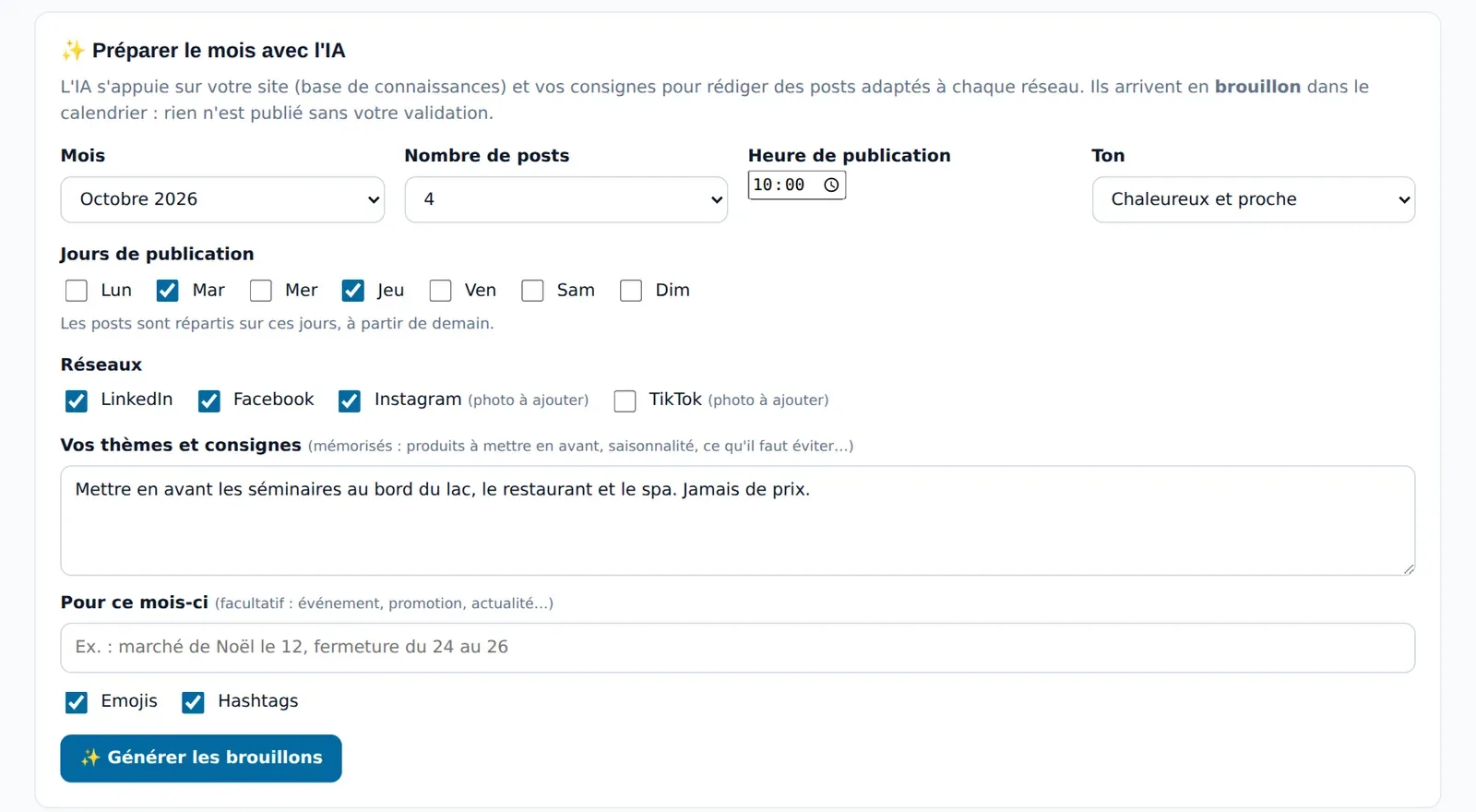 Formulaire « Préparer le mois avec l'IA » : mois, nombre de posts, jours, réseaux et thèmes