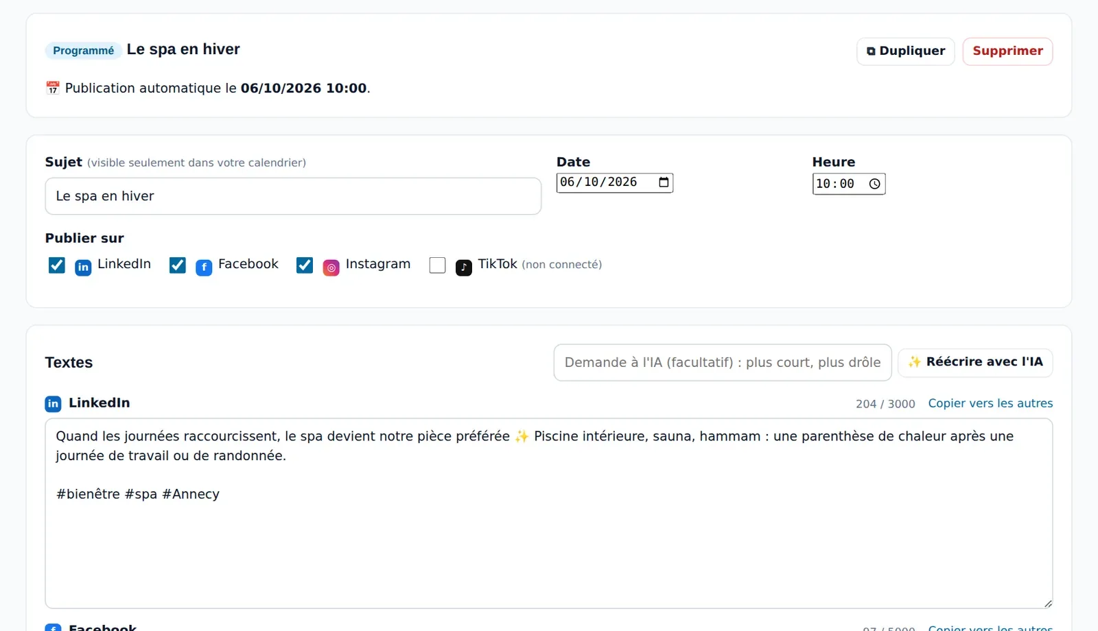Un post avec un texte différent pour LinkedIn, Facebook et Instagram