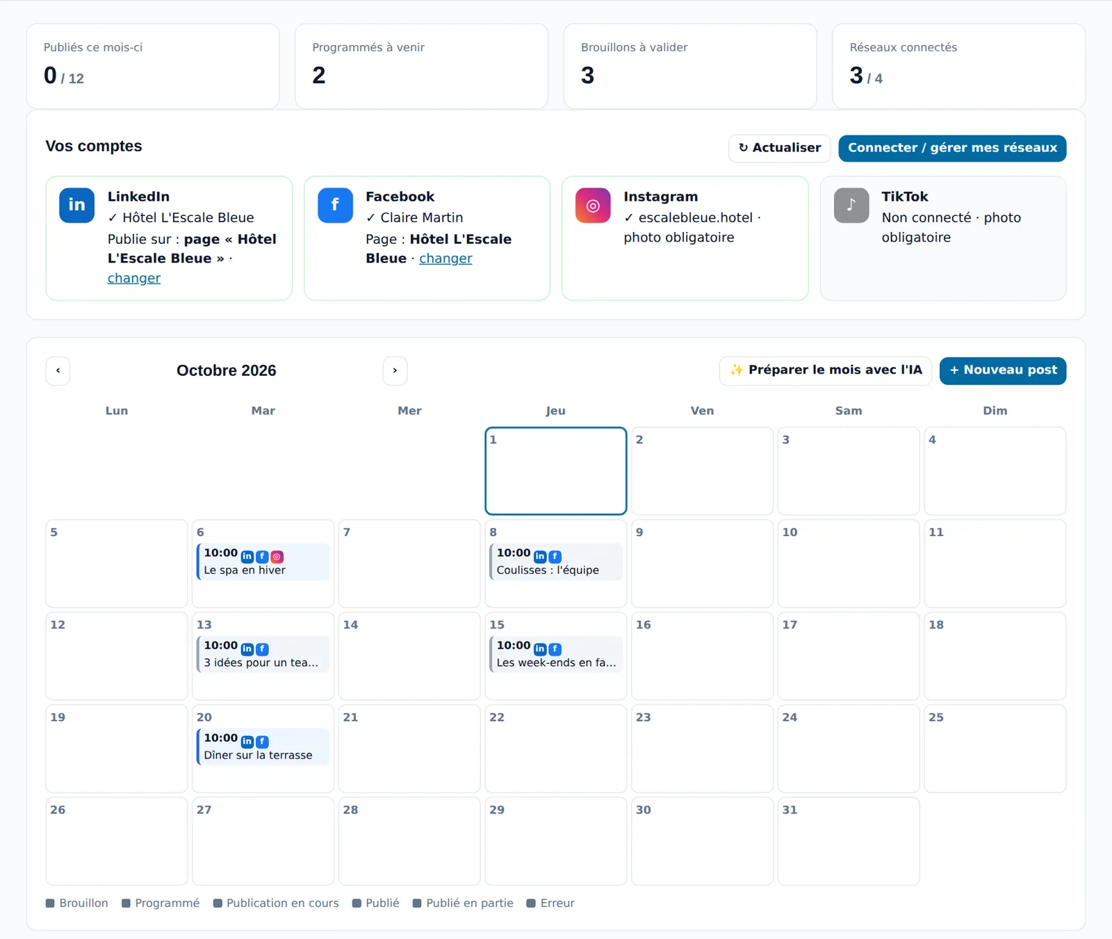 Calendrier des publications sur les réseaux sociaux